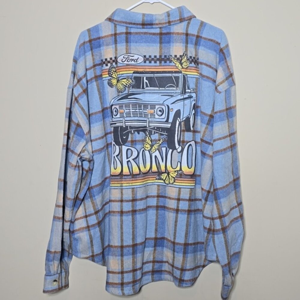 Womens Blue Ford Bronco Oversized Button Down Flannel Long Sleeve Shirt Size 2X